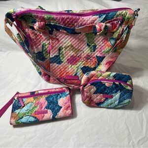 3 piece Vera Bradley Cotton Hadley Satchel Purse zip wallet small cosmetic pouch
